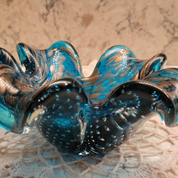 VINTAGE VENETIAN MURANO ART GLASS BOWL BLUE TURQUOISE GOLD SWIRL BUBBLES LEAF - Picture 9 of 9